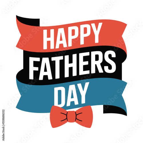 Happy Father’s Day banner with bold typography and red bow tie in colorful ribbon style design.