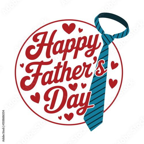 Happy Father’s Day greeting with red hearts and blue striped necktie in circular design.