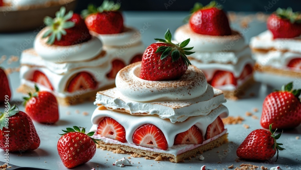 Close Up Of Cracked Layers Of Home Baked Dessert With Fresh Strawberries, Meringue, And Whipped Cream Layers With Seasonal Strawberries, And Empty Copy Space For Text Close Up Of Cracked Layers Of Home Baked Dessert With Fresh Strawberries, Meringue, And Whipped Cream Layers With Seasonal Strawberries, And Empty Copy Space For Text