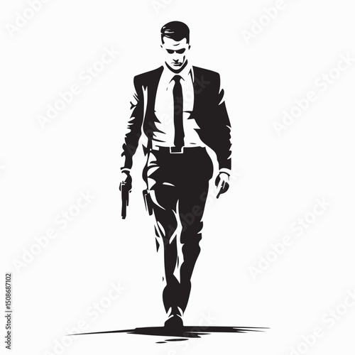 Confident Businessman Walking with Weapon in Style, Ready to Face Any Challenge