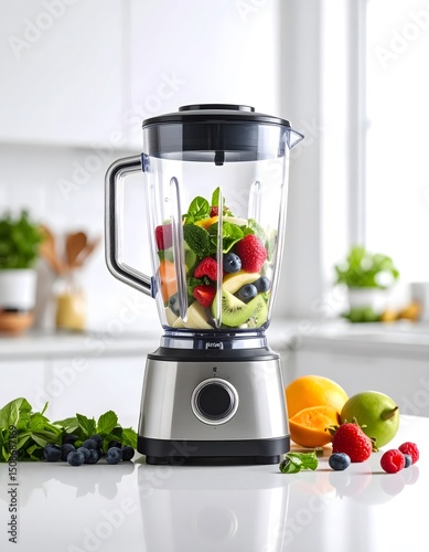 A silver blender sits on a white kitchen counter filled with fresh fruit and spinach ready to be blended into a healthy and delicious smoothie drink at home today.