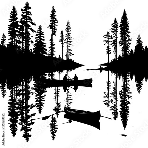 Minimal lake reflection with canoe and trees