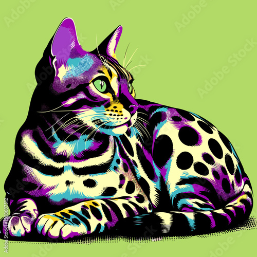 Bengal cat pop art vector with spotted fur on lime and violet background