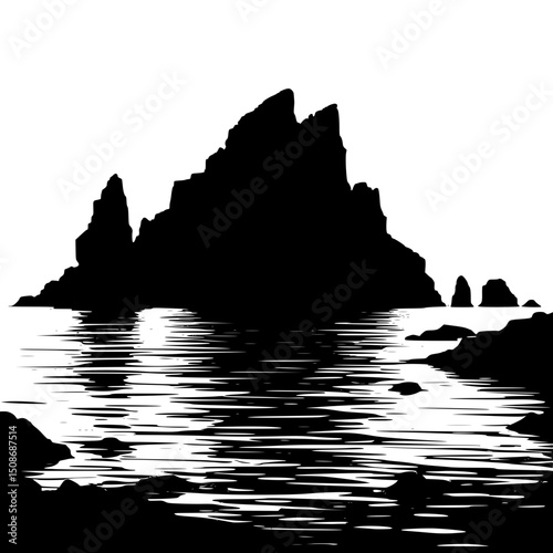  Rocky cliffs near a calm sea under twilight