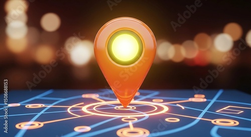 A 3D Glowing Map Pin on Digital Navigation Interface at Night