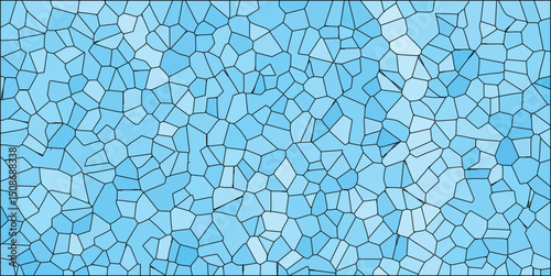 Abstract blue stained glass mosaic pattern with black outlines creating a modern geometric design suitable for backgrounds and digital art.