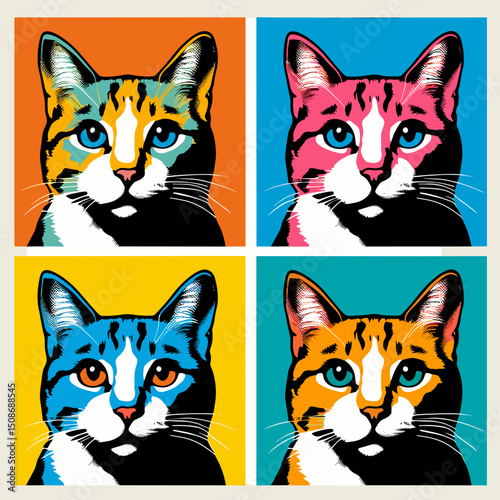 Colorful four-panel cat portrait in pop art vector illustration