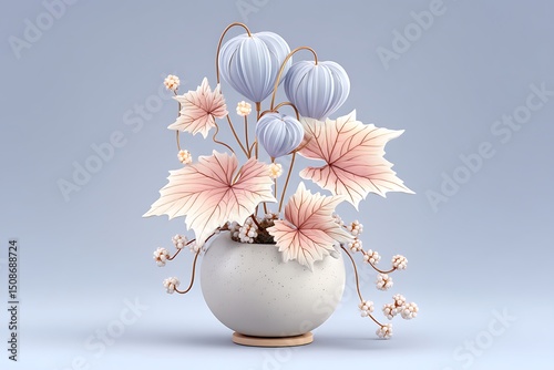 Whimsical pastel plant with balloon-shaped leaves and maple accents in ceramic vase high resolution picture