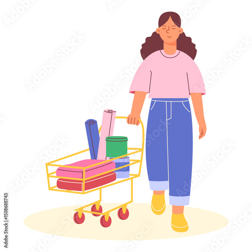 A girl shopping in a building shop with a trolley