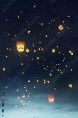 sky lanterns flying in the starry night sky, 3d illustration