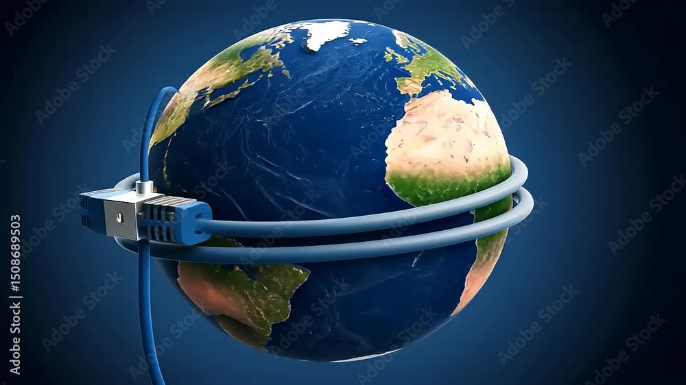 A globe wrapped in a blue cable symbolizing global connectivity and technology