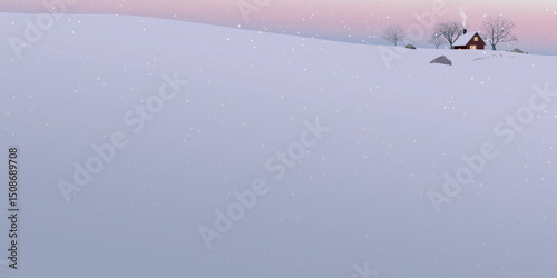 Snowfall in minimalist snowscape with silhouette lonely country house and leafless trees on the hill covered by snow have dramatic sky behind graphic illustration.