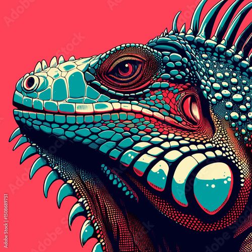 Iguana close-up pop art vector with vibrant red tones