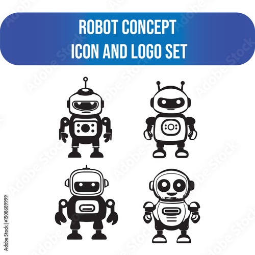 Robot logo and icons editable bundle, robot icons on a white background