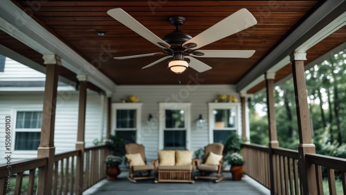 Brown ceiling fan installed on a summer porch with empty space for text.