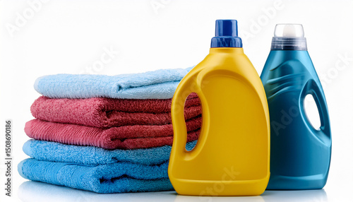 detergent with washing powder and towels isolated on white