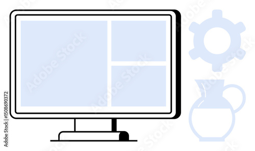 Computer monitor displaying grid layout, accompanied by stylized gear and pitcher graphics. Ideal for design, technology, creativity, workflow, innovation, user interface minimalism. Flat simple