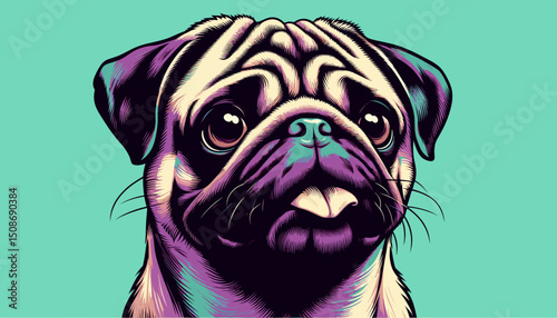 Pug dog portrait in exaggerated pop art vector style with mint green and purple