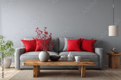 Gray couch with red throw pillows and a wooden coffee table in a modern living room.