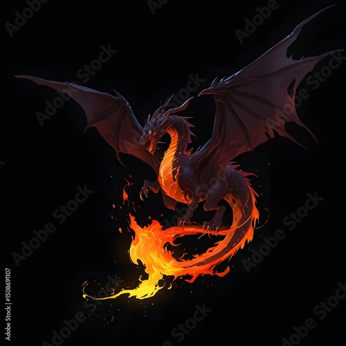 Majestic Fire-Breathing Dragon Soaring in a Mysterious Dark Sky