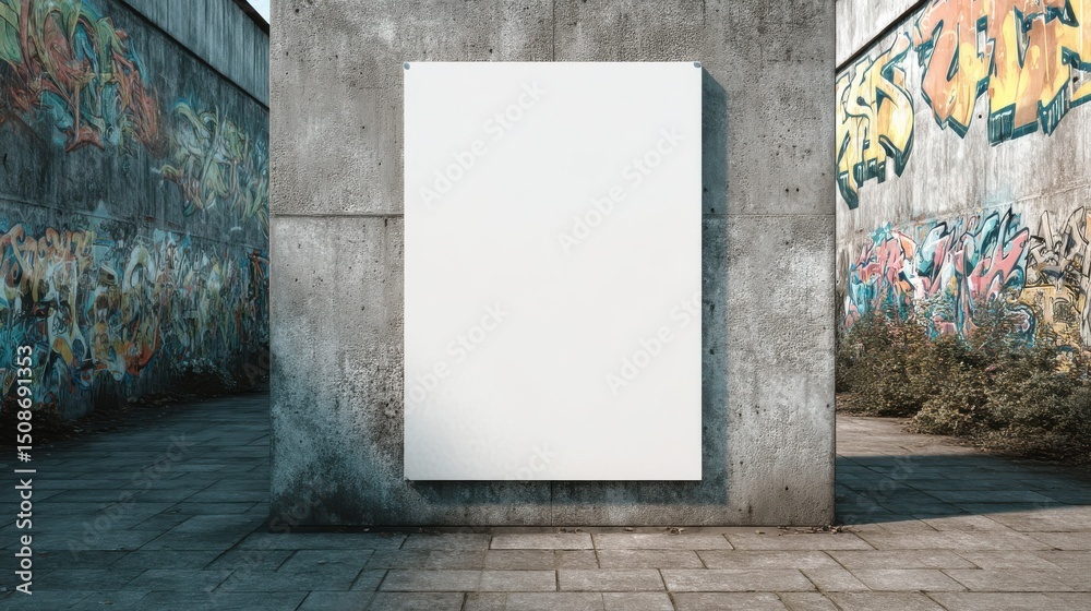 Fototapeta premium A stunning image of blank white poster mockup with urban street art sticker frame on textured wall backdrop.
