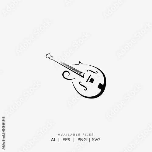 Stylized String Instrument Emblem , Minimalist Black and White Mandolin Logo