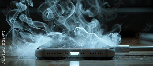 The smartphone appears to be malfunctioning, surrounded by smoke, suggesting a possible battery problem or electrical issue while charging