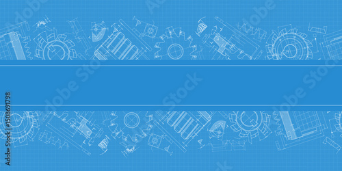 Mechanical engineering drawings on blue background. Cutting tools, milling cutter. Technical Design. Cover. Blueprint. Horizontal seamless pattern. Vector illustration.