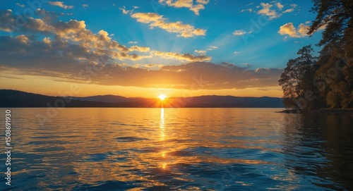 Sunset on the lake with beautiful azure and gold colors, featuring empty space for text.