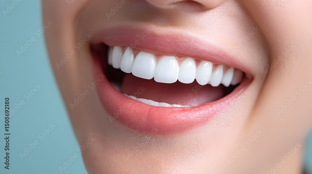 Obraz premium Bright Smile with Healthy Teeth Against Soft Blue Background