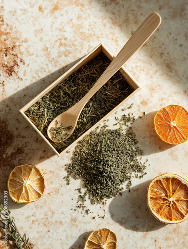 Flat lay of open eco tea box with loose-leaf herbal tea spilling on terrazzo counter, bamboo teaspoon, dried citrus slices, even diffused light, natural palette with soft greens and muted orange