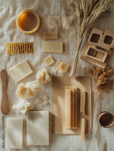 Flat lay of beeswax molds, smoked frames, metal tools, labels, kraft paper, and sealing wax on natural fabric, soft diffused side light, earth tones with amber and cream accents, artisan branding 