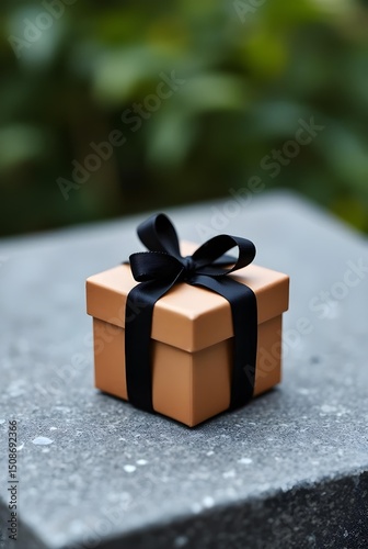 A small, simple brown gift box with a tied black satin ribbon bow resting on a textured gray stone surface, with a blurred green and brown natural background.