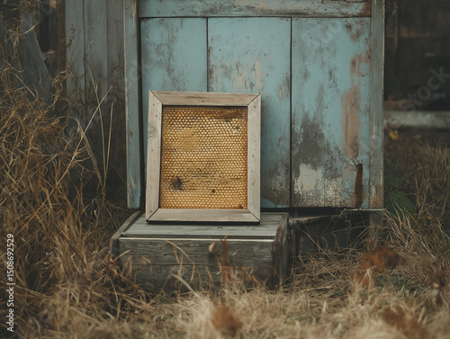 Honey frame leaning against old beehive box with dried grass and scattered tools, partially uncapped, overcast outdoor light, muted greens and honey gold, high-detail editorial image

