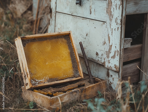 Honey frame leaning against old beehive box with dried grass and scattered tools, partially uncapped, overcast outdoor light, muted greens and honey gold, high-detail editorial image
