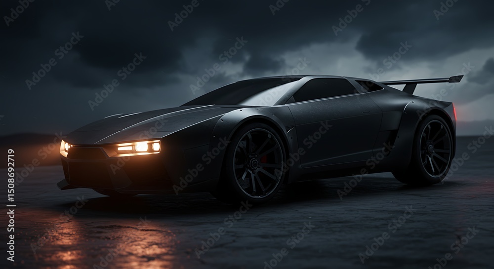Fototapeta premium Sleek Gray Car Racing on Pavement with Dramatic Sky