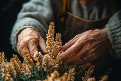 Close-up of herbalist’s hands picking field herbs with precision, studio lighting, high detail, neutral background, professional harvesting routine
