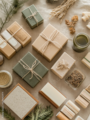 Minimal overhead flat lay of eco market table with kraft soaps, glass spice jars, tea boxes, diffused daylight, natural tones, clean editorial style, high clarity and sharpness

