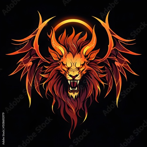 Fiery Demon Beast with Majestic Horns and Flaming Wings on a Black Background