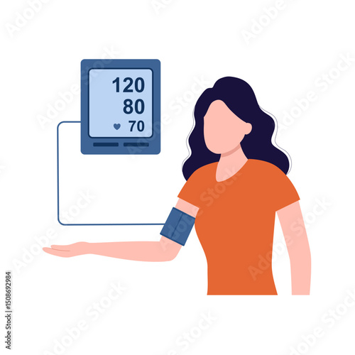 Blood pressure measurement concept vector illustration. Woman measures heart pressure in flat design on white background.