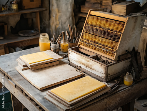 Open rural beekeeping workshop with wooden hive parts on workbench, tools, wax sheets, and jars, no people, natural light with soft shadows, rustic craft style, warm wood tones