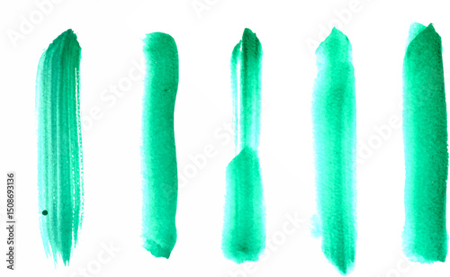 Vertical brushstrokes, rendered in a vibrant emerald green watercolor against a crisp white background. Each stroke exhibits subtle variations in width and texture