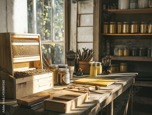 Open rural beekeeping workshop with wooden hive parts on workbench, tools, wax sheets, and jars, no people, natural light with soft shadows, rustic craft style, warm wood tones