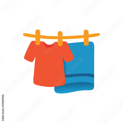 Clothesline icon displaying red shirt and blue towel; ideal for laundry, summer, household, textile, cleaning, vibrant color, lifestyle concepts.