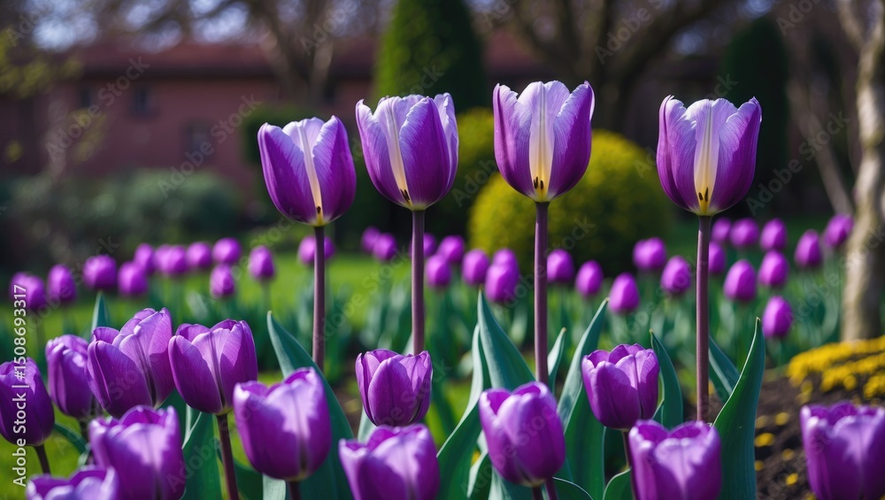 Obraz premium Three Purple Tulips In The Garden