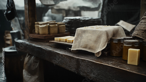 Rainy market stall with linen cover, kraft jars, beeswax blocks, puddles on wood, overcast soft light, muted greys and browns, authentic documentary style photo
