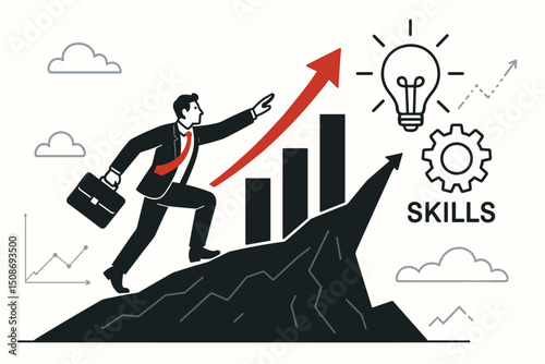 Business success growth concept metaphor businessman climbing mountain peak summit upward trend arrow chart progress achievement career development skills innovation leadership goal pursuit