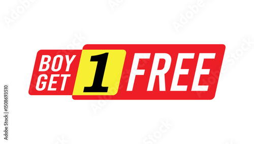 red and yellow promotional label with text boy get 1 free used for sales discount and marketing graphics	