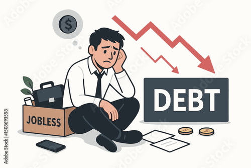 Jobless businessman debt financial crisis unemployment concept. Stress anxiety depression bankruptcy recession economic downturn business failure overwhelmed financial hardship vector