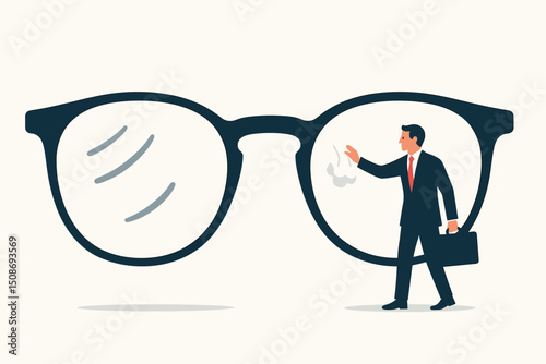 Businessman cleaning eyeglasses clear business vision concept professional focus clarity insight strategy leadership corporate success goal achievement development metaphor